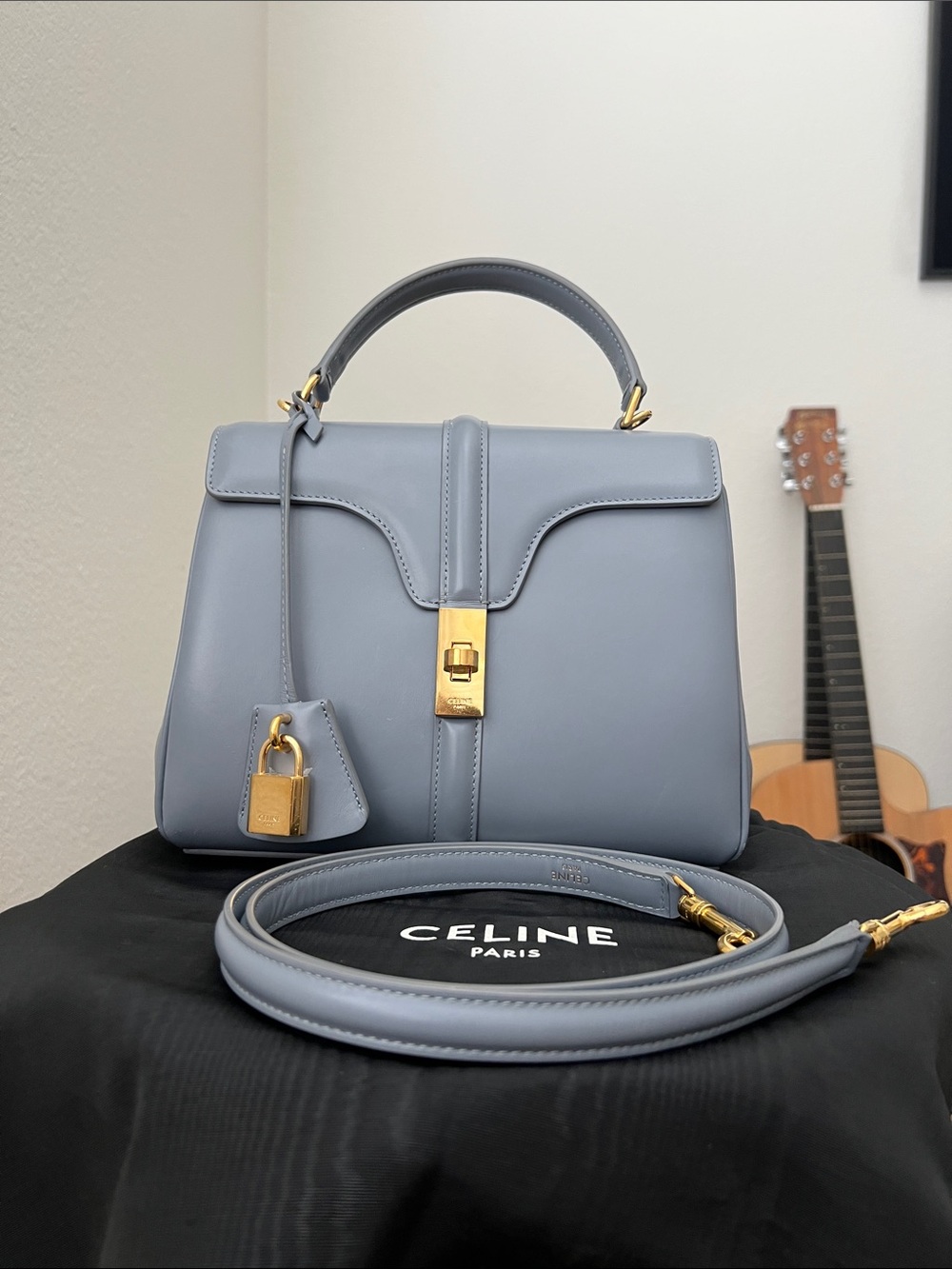 Celine 16 small Light Blue Leather Top-Handle Satchel with Gold Hardware